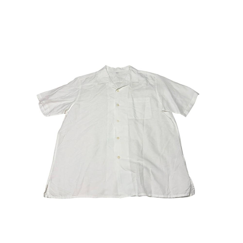 Uniqlo Mens White Linen Cotton Blend Short Sleeve Camp Collar Shirt Large 425103